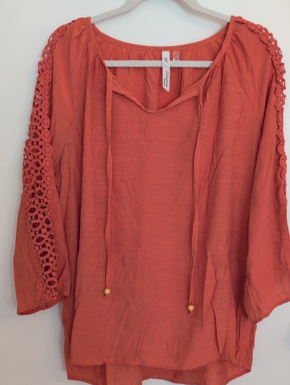 NY Collection Coral Tie-Neck Tunic with Crochet Sleeves